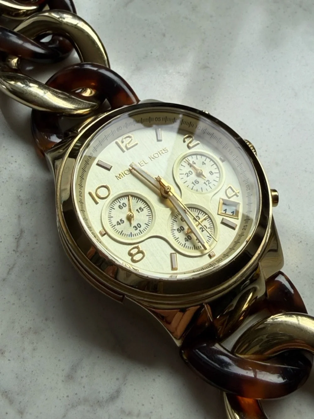 Michael Kors Gold and Brown Tortoiseshell Link Bracelet Chronograph Watch - Picture 2 of 4